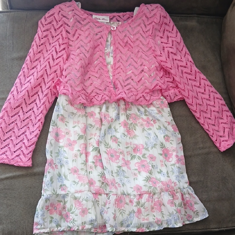 Little Lass Pink Floral Dress with Pink Lace Cardigan